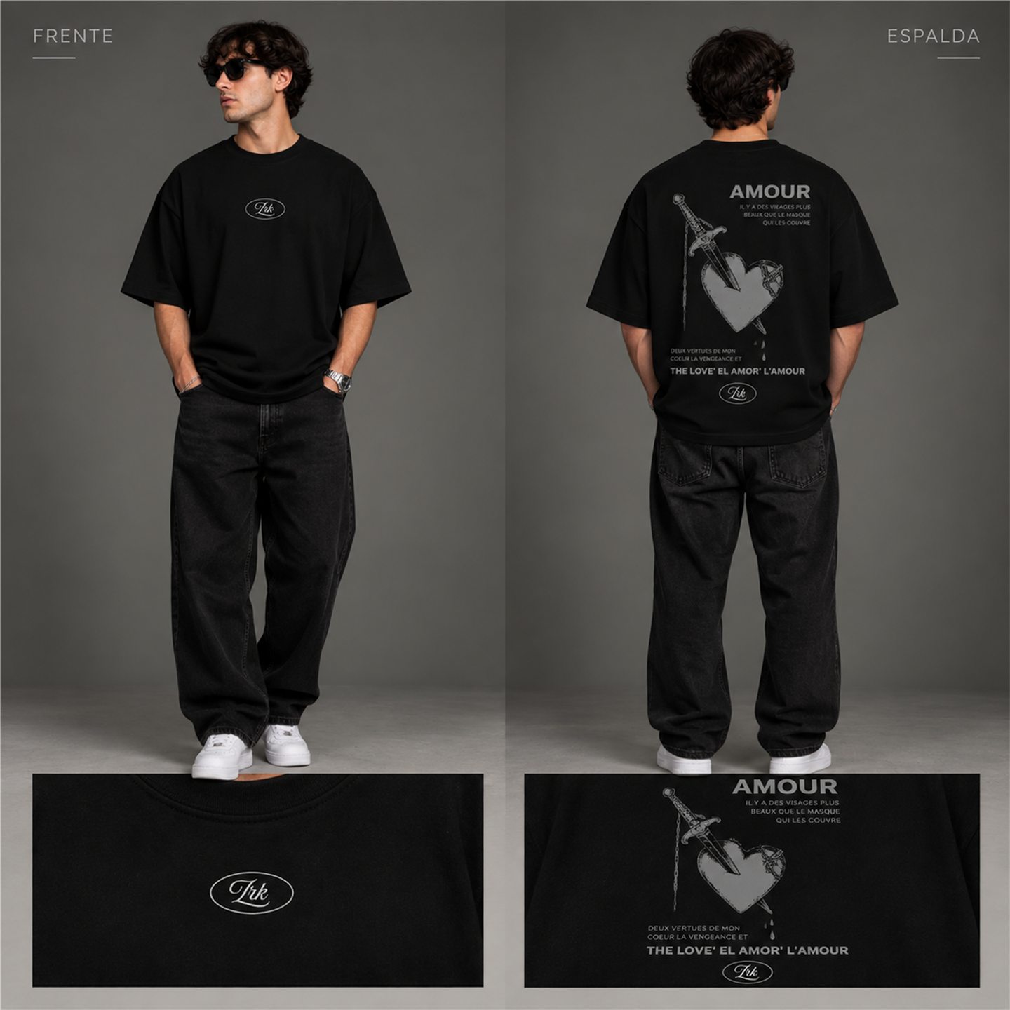 Camiseta negra Zarko AMOUR, vista frontal y trasera