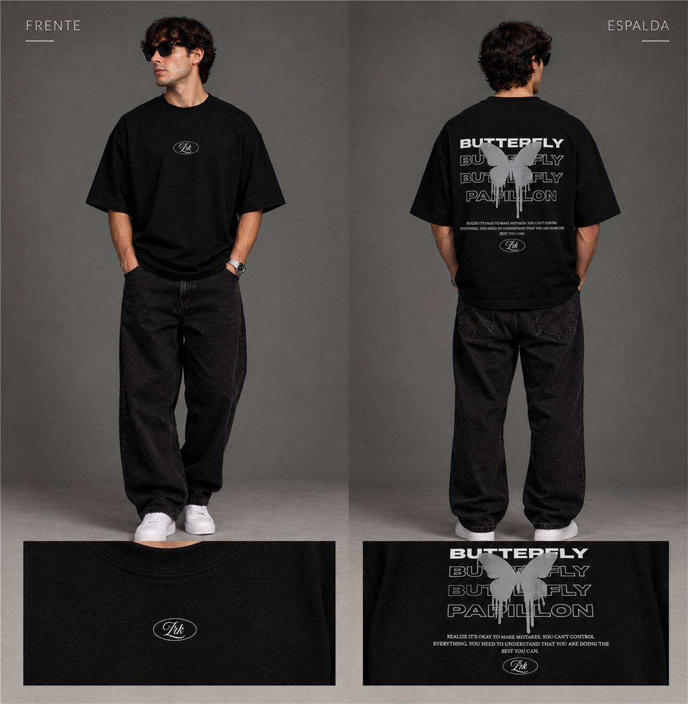 Camiseta negra Zarko BUTTERFLY, vista frontal y trasera